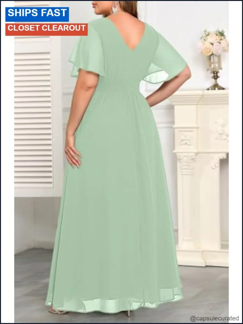 Plus Size Chiffon V Neck Ruffle Long Formal Dress Wedding Guest